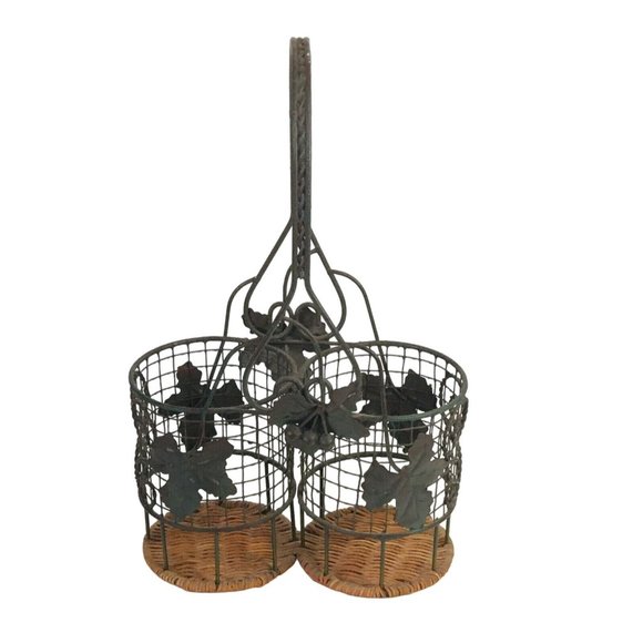Wine Caddy Carrier Basket Metal Wicker Grape Leaf Rustic Design - Picture 7 of 7